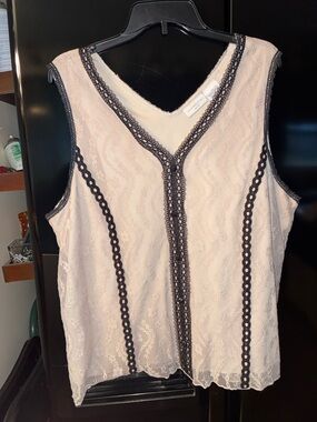 Worthington Cream Lace Tank with Black Crochet Trim